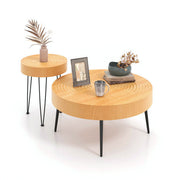 Set of 2 Solid Wood Farmhouse Round Coffee Tables-Natural