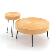 Set of 2 Solid Wood Farmhouse Round Coffee Tables-Natural