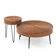 Set of 2 Solid Wood Farmhouse Round Coffee Tables-Natural