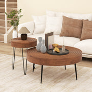 Set of 2 Solid Wood Farmhouse Round Coffee Tables-Natural