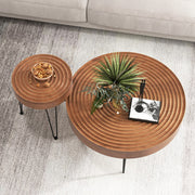 Set of 2 Solid Wood Farmhouse Round Coffee Tables-Natural