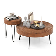 Set of 2 Solid Wood Farmhouse Round Coffee Tables-Natural