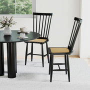 Farmhouse Solid Rubber Wood Dining Chairs Set of 2 with PE Rattan Seats-Black - Color: Black