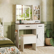 Vanity Desk with Mirror and Lights Farmhouse Makeup Dressing Table-White - Color: White