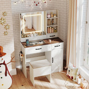 Vanity Desk with Mirror and Lights Farmhouse Makeup Dressing Table-White - Color: White