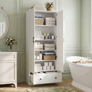 72 Inch Tall Kitchen Pantry Cabinet Farmhouse Wooden Cupboard with 2 Doors-White - Color: White