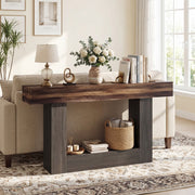 2-Tier Farmhouse Console Table 63" Long with Storage Shelf-Rustic Brown