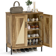 5-Tier Wooden Farmhouse Shoe Cabinet with Woven Rattan Doors-Natural - Color: Natural