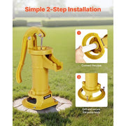 Well Hand Pitcher Pump, 25 ft Maximum Lift, Antique Cast Iron Manual Hand Water Pump, NPT 1-1/4 in Connection, Easy Installation, Old Fashioned for Outdoor Garden, Pond, Backyard, Farm, Yellow