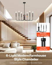 6-Light Chandelier, Black Farmhouse Chandelier, Adjustable Height, Dining Room Hanging Light Fixture for Ceilings, Modern Chandelier for Bedroom, Foyer, Hall, Kitchen, Living Room and Entryway