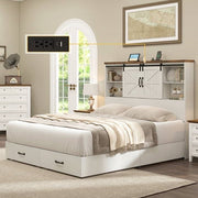 Queen White Farmhouse Platform Bed with Bookcase Headboard and Storage Drawers