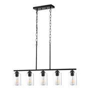 5-Light Kitchen Island Pendant Lights, 60W, Adjustable Dining Room Light Fixture with Clear Glass Lampshade 4 Rods 2 Metal Chains, Metal Frame Farmhouse Linear Chandeliers for Dining Room, E26