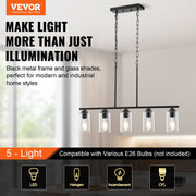 5-Light Kitchen Island Pendant Lights, 60W, Adjustable Dining Room Light Fixture with Clear Glass Lampshade 4 Rods 2 Metal Chains, Metal Frame Farmhouse Linear Chandeliers for Dining Room, E26