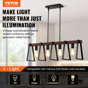 4-Light Kitchen Island Pendant Lights, 60W, Adjustable Dining Room Light Fixture with 2 x 6'' and 6 x 12'' Rods, Industrial Metal Frame Farmhouse Linear Chandeliers Lighting for Dining Room, E26
