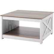 31.5" Farmhouse Coffee Table, Square Coffee Table with Open Storage Compartment, Wooden Rustic Cocktail Table for Living Room, Bedroom, Apartment, Studio, Gray & White