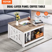 31.5" Farmhouse Coffee Table, Square Coffee Table with Open Storage Compartment, Wooden Rustic Cocktail Table for Living Room, Bedroom, Apartment, Studio, Gray & White