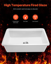33x19 inch Farmhouse Sink, White Sink Workstation, Fireclay Topmount Undermount Basin, Drop-In Single Bowl Basin with Multiple Accessories, Large Capacity Household Dishwasher Sinks for Kitchen