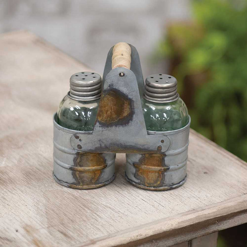 Galvanized Salt and Pepper Caddy with Ring