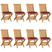 vidaXL Patio Chairs with Wine Red Cushions 8 pcs Solid Teak Wood