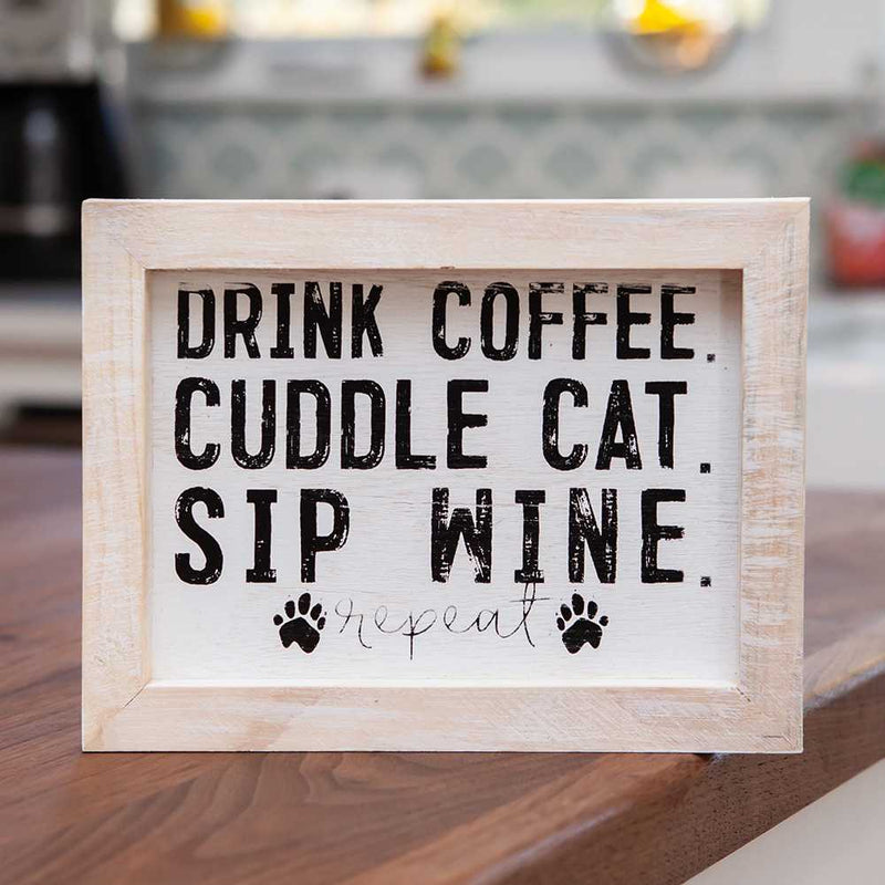 Coffee, Cat, and Wine Framed Sign