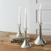 Set of Three Silver Mercury Glass Taper Candle Holders