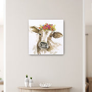 30" Watercolor Floral Cow Canvas Wall Art