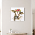 40" Watercolor Floral Cow Canvas Wall Art