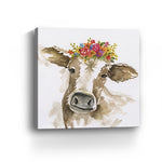 40" Watercolor Floral Cow Canvas Wall Art