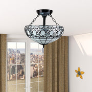 Blue and Black Tiffany Style Two Light Glass Dimmable Semi Flush Ceiling Light