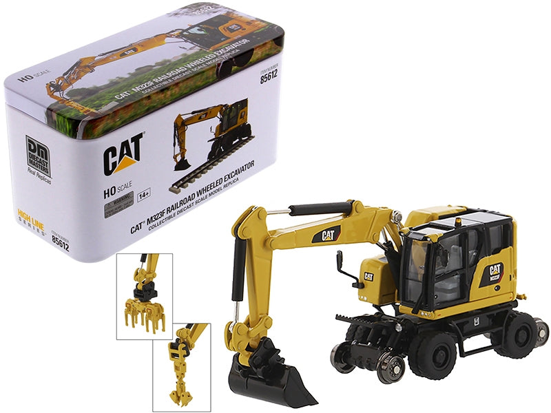 CAT Caterpillar M323F Railroad Wheeled Excavator with 3 Accessories (Safety Yellow Version) "High Line" Series 1/87 (HO) Scale Diecast Model