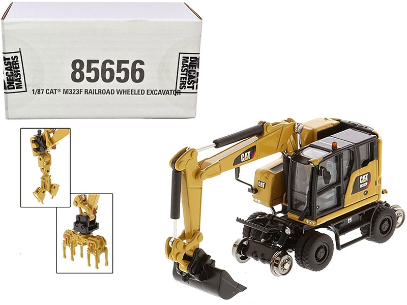 CAT Caterpillar M323F Railroad Wheeled Excavator with 3 Accessories (CAT Yellow Version) "High Line" Series 1/87 (HO) Scale Diecast Model