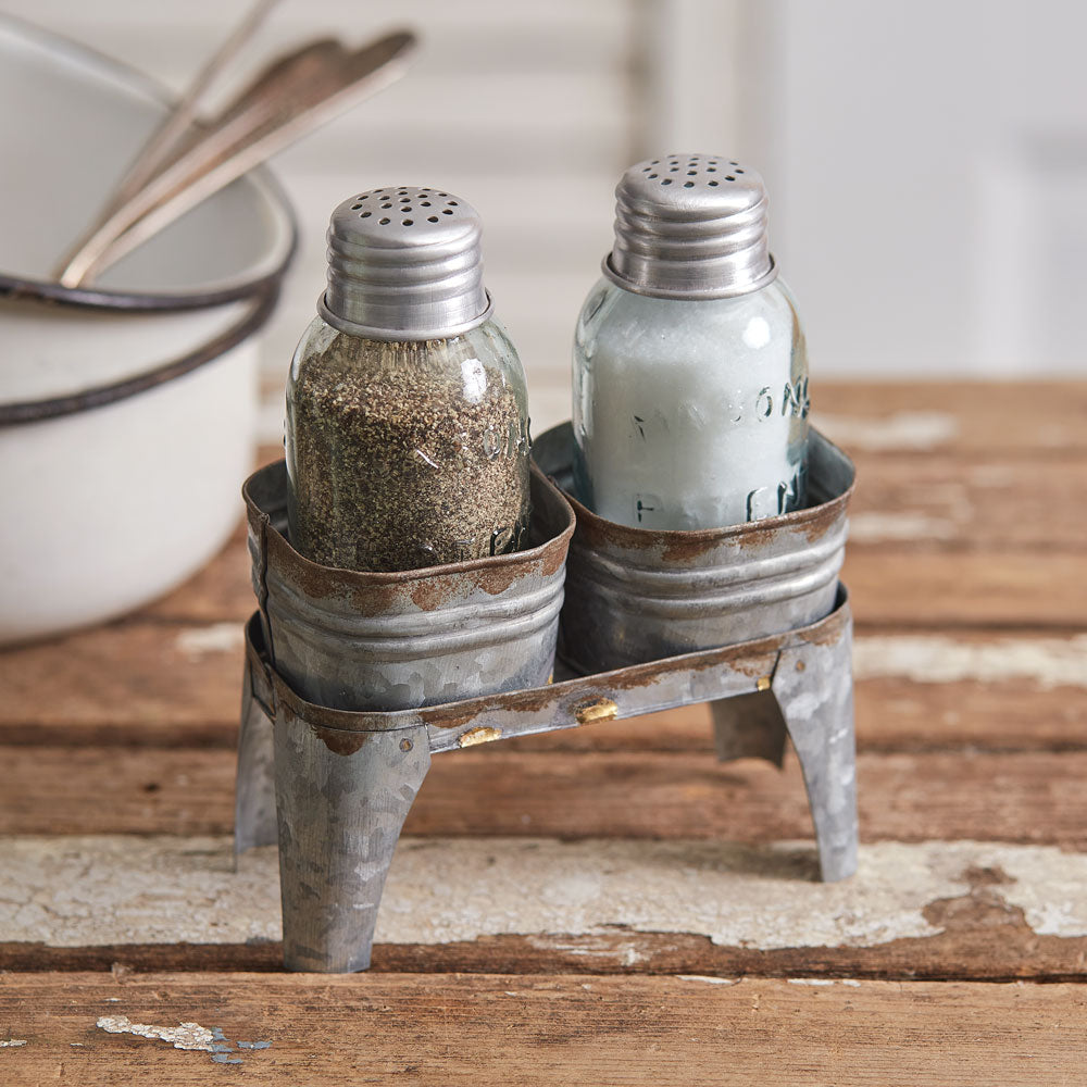 Galvanized Salt and Pepper Caddy with Ring