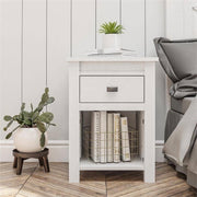 Farmhouse 1-Drawer Bedroom Nightstand with Open Shelf in Rustic Off-White Oak