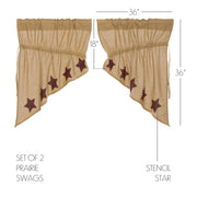 Burlap w/Burgundy Stencil Stars Prairie Swag Set of 2 36x36x18