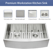 Double Bowl (50/50) Farmhouse Sink- 36"x20"Stainless Steel Apron Front Kitchen Sink 18 Gauge with Two 9" Deep Basin