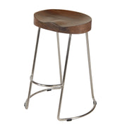 Farmhouse Counter Height Barstool with Wooden Saddle Seat and Tubular Frame, Small, Brown and Silver
