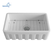 Aquacubic White Finish Reversible single bowl Ceramic Farmhouse Apron Front Kitchen Sink with Bottom Grid and Basket Strainer