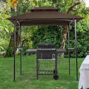 Outdoor Grill Gazebo 8 x 5 Ft, Shelter Tent, Double Tier Soft Top Canopy and Steel Frame with hook and Bar Counters, -Brown