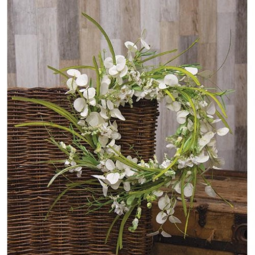 White Wild Flowers and Silver Dollar Wreath - 22"