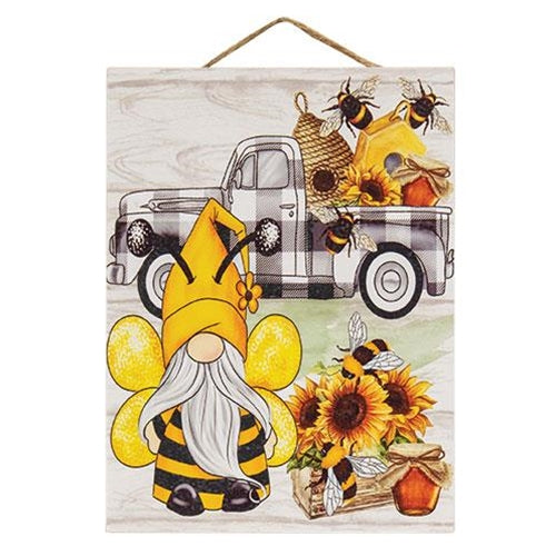 Bumblebee Gnome with Buffalo Check Truck Hanging Sign