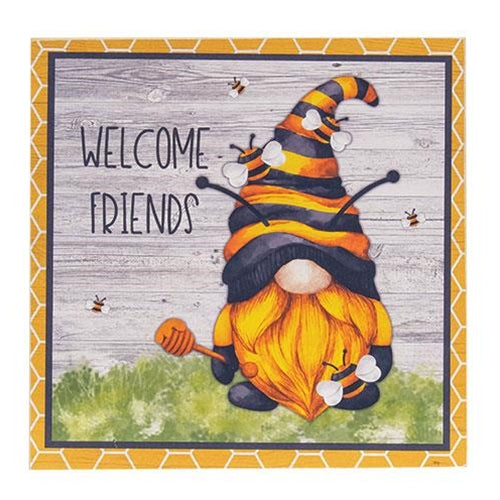 Welcome Friends Honeybee Gnome Square Block