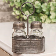 Galvanized Embossed Salt & Pepper Caddy with Shakers