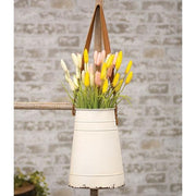 Distressed Cream Metal Wall Bucket with Leather Hanger