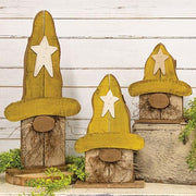 Rustic Wood Gnome on Base with Lemon Yellow Star Hat - Medium