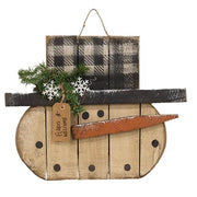 Rustic Wood "Flakes Welcome" Hanging Snowman with Buffalo Check Hat