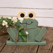 Rustic Wood Happy Frog on Base with Flowers