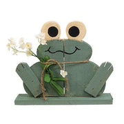 Rustic Wood Happy Frog on Base with Flowers