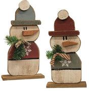 Rustic Wood Beanie Snowman on Base - 17"H  (2 Count Assortment)