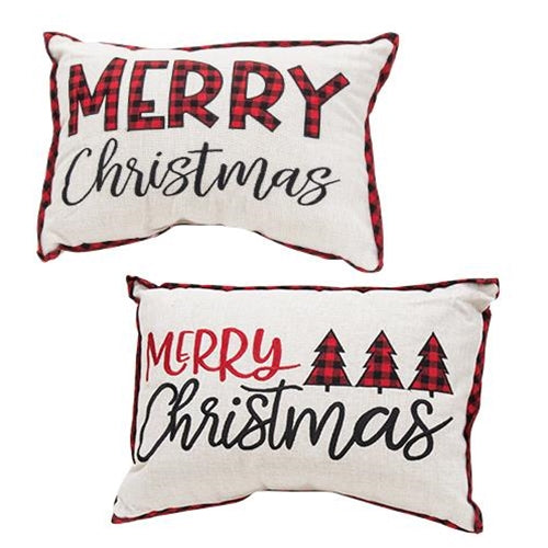 Embroidered Buffalo Check Trim Merry Christmas Pillow  (2 Count Assortment)