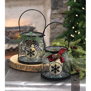 Glass & Chicken Wire Lantern with Pine & Buffalo Check Bow (2 Count Assortment)
